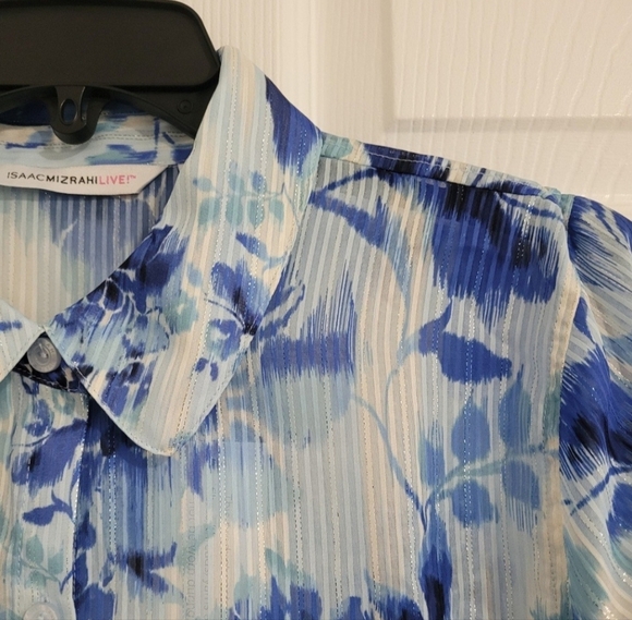 NWT Isaac Mizrahi Blouse Size SP Long Sleeve White Blue Floral Semi-Casual - Picture 6 of 12